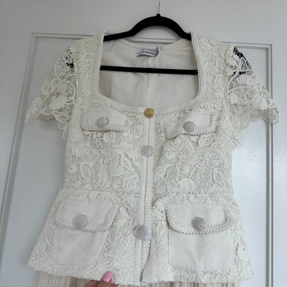 NWT Self-Portrait Guipure Lace Midi Dress Cream Sz 8 Pleated Skirt Square Neck - Picture 7 of 11